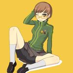  brown_eyes brown_hair cameltoe caryo glasses nanashino one_eye_closed persona persona_4 satonaka_chie short_hair socks solo spandex spread_legs yellow-framed_eyewear 