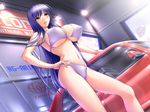  armpits bikini blue_hair breasts campaign_girl car cleavage covered_nipples dutch_angle game_cg ground_vehicle hand_on_hip huge_breasts legs lipstick long_hair makeup motor_vehicle navel ogushi_yuniko pose race_queen sano_toshihide shichinin_no_online_gamers smile solo swimsuit underboob very_long_hair white_bikini yellow_eyes 
