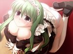  arm_support blush breasts from_above game_cg garter_belt green_hair kneeling kusunoki_aoi large_breasts looking_up maid mima_chi nipples open_clothes open_shirt panties red_eyes sakura_no_sakukoro shirt skirt skirt_lift solo tears thighhighs underwear white_panties 