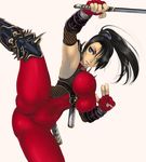  armpits artist_request black_hair blue_eyes bodysuit breasts covered_nipples dagger elbow_gloves flexible gloves kicking large_breasts lips navel ninja solo soulcalibur sword taki_(soulcalibur) thighs weapon 