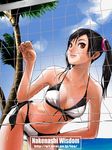  bikini black_hair breasts brown_eyes day leaning_forward ling_xiaoyu medium_breasts short_twintails side-tie_bikini solo swimsuit tea_(nakenashi) tekken twintails volleyball_net watermark web_address wet 