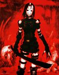  belt blood copyright_request guro highres horror_(theme) mask nihei_tsutomu red red_background sinister skull solo sword weapon 