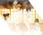  4girls amagi_yukiko black_eyes black_hair blue_eyes blue_hair breasts brown_eyes brown_hair covering covering_breasts kujikawa_rise multiple_girls naoto_kurogane onsen persona persona_4 satonaka_chie standing wet wet_hair 