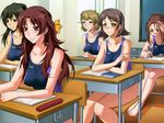  barefoot breasts classroom competition_swimsuit covered_nipples desk everyone game_cg horiguchi_etsuko indoors kurihara_chisato large_breasts medium_breasts multiple_girls one-piece_swimsuit school_desk sitting swimsuit ura_saiminjutsu_2 yoshino_keiko 