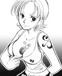  between_breasts breasts chabudai cleavage den_den_mushi downblouse greyscale large_breasts lowres monochrome nami_(one_piece) one_piece shirt_pull short_hair smile snail solo tattoo 