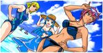  3girls adjusting_eyewear ash_(phantasy_star_online) bandeau beach bernie_(phantasy_star_online) bikini blue_sarong breasts cleavage cloud competition_swimsuit dark_skin day diving_mask dutch_angle eyewear_on_head front-tie_top hand_on_hip hat highres innertube large_breasts medium_breasts multiple_boys multiple_girls nail_polish ocean one-piece_swimsuit outdoors phantasy_star phantasy_star_online pointy_ears ramarl red_nails rupika sarong side-tie_bikini skirt sky smile snorkel strapless straw_hat sue_(phantasy_star_online) sunglasses swimsuit tan thighs tubetop wading water 
