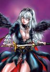  bad_id bad_pixiv_id black_wings breasts cleavage dress flower large_breasts long_hair no_panties osakana_(denpa_yun'yun) red_eyes rose rozen_maiden sheath silver_hair smile suigintou sword thighs unsheathing weapon wings 