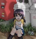  beidan black_hair can grass hair_ribbon imminent_rape original purple_eyes raglan_sleeves ribbon scared shadow short_twintails sitting skirt socks tears trash_can twintails vending_machine 