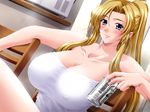  1girl anata_to_mita_sakura blonde_hair blue_eyes breasts can covered_nipples game_cg huge_breasts ishihara_souka long_hair mole mole_under_mouth ponytail sitting solo torigoe_chigusa 