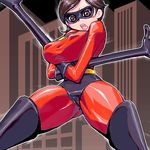  blush boots breast_hold breasts brown_hair cameltoe costume covered_nipples crossed_arms elastigirl flexible gloves helen_parr huge_breasts latex latex_gloves lowres mask matagitii oekaki short_hair solo stretched_limb superhero the_incredibles thigh_boots thighhighs 