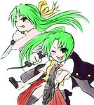  green_eyes green_hair gun half_updo higurashi_no_naku_koro_ni knife long_hair multiple_girls ponytail ribbon siblings sisters sonozaki_mion sonozaki_shion stun_gun twins weapon zonsters 