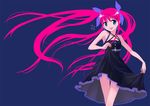 :d bad_id bad_pixiv_id black_dress blue_background blue_eyes bow dress dress_lift flat_chest floating_hair hair_bow legs long_hair open_mouth original pink_hair ribbon shiitake_urimo smile solo twintails very_long_hair 
