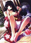  artist_request bare_shoulders barefoot black_eyes black_hair breasts clothes_down electric_fan feet food fruit highres japanese_clothes kimono long_hair medium_breasts nipples original panties sitting solo sweat toes underwear watermelon white_panties 