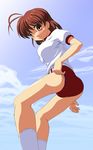  antenna_hair blush brown_eyes brown_hair buruma clannad furukawa_nagisa gym_uniform hiraizumi_(mugenkidousha) socks solo 