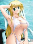  aqua_eyes artist_request blonde_hair breasts chair copyright_request covered_nipples green_eyes huge_breasts long_hair lounge_chair navel non-web_source pool slingshot_swimsuit solo swimsuit underboob water 