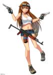  1girl ahoge akms assault_rifle bare_shoulders belt belt_buckle belt_pouch beretta_92 black_lagoon boots breasts brown_hair buckle cleavage commentary_request cross-laced_footwear cutoffs denim denim_shorts dual_wielding erect_nipples eyebrows_visible_through_hair eyewear_on_head full_body gloves gun hair_between_eyes handgun highleg highleg_panties highres holding holster lace-up_boots large_breasts long_hair looking_at_viewer navel ndtwofives panties partly_fingerless_gloves pistol ponytail pouch revy_(black_lagoon) rifle shorts shoulder_holster smile solo sunglasses tank_top tongue tongue_out twitter_username underwear weapon white_background yellow_eyes 