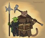  anthro arm_around_shoulders armor baldric brown_fur claws cloak clothed clothing dungeons_&amp;_dragons duo ear_frills eye_contact felid frill fur green_scales halberd hammer hand_on_shoulder holding_object holding_weapon leather leather_armor lizard lizardfolk looking_at_partner male male/male mammal melee_weapon polearm reptile ripples_across_the_pond scales scalie smile sskaljexo tabaxi tamlin123 tools warhammer weapon weapon_on_shoulder 