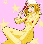  1girl ai-chan blonde_hair green_eyes hat jumpsuit kaminari_ai lipstick looking_at_viewer makeup sinko sitting smile solo starry_background tatsunoko_production time_bokan_(series) yatterman 