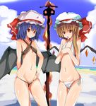  annoyed arao bad_id bad_pixiv_id bat_wings beach bikini blonde_hair blue_hair burning covering covering_breasts criss-cross_halter day flandre_scarlet flat_chest halter_top halterneck hand_on_hip hat laevatein looking_at_viewer lowleg lowleg_bikini multiple_girls outdoors polearm red_eyes remilia_scarlet short_hair siblings side-tie_bikini sisters spear swimsuit thigh_gap touhou weapon wings 