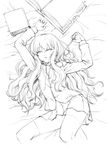  arm_up bed bed_sheet book bookmark collared_shirt cozy dress_shirt feet_out_of_frame flat_chest greyscale half-closed_eyes hand_up knees_up long_hair long_sleeves looking_at_viewer louise_francoise_le_blanc_de_la_valliere lying miniskirt monochrome neck_ribbon on_back on_bed open_book parted_lips ribbon shirt sketch skirt solo thighhighs untied untucked_shirt very_long_hair wand wavy_hair zero_no_tsukaima zettai_ryouiki 