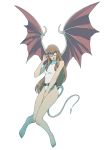  1girl adjusting_eyewear barefoot belt catherine_(game) company_connection cosplay demon_tail demon_wings glasses highleg highleg_leotard katherine_mcbride knees_together_feet_apart leotard lilim_(megami_tensei) lilim_(megami_tensei)_(cosplay) long_hair mushisotisis parted_lips pointy_ears shin_megami_tensei simple_background solo tail white_background white_leotard wings 
