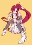  adjusting_clothes adjusting_swimsuit bikini_top boots detached_sleeves fingerless_gloves gloves higa_yukari long_hair ponytail red_hair scarf sitting solo studded_bracelet swimsuit tengen_toppa_gurren_lagann thighhighs very_long_hair yoko_littner 