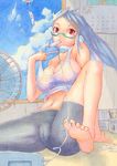  aqua-framed_eyewear barefoot bike_shorts blue_hair breasts calendar_(object) cameltoe camisole cleavage cloud corded_phone day electric_fan feet food glasses kanatsuki_tatsuya large_breasts leg_lift long_hair midriff mouth_hold original phone pink_eyes popsicle see-through semi-rimless_eyewear sideboob sitting sky solo spread_legs sweat under-rim_eyewear wind 