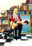  2boys ai_no_kusabi ass barefoot blonde_hair book bound bound_wrists boy brown_hair globe gloves indoors library long_hair male_focus multiple_boys painting pants_down school school_discipline schoolboy sexually_suggestive short_hair spanked spanking study suggestive teaching very_long_hair yaoi 