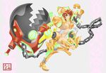  armor bolt breasts broken_armor brown_eyes chain copyright_request glowing high_heels kosame_daizu large_breasts nipples nude red_hair shoes solo weapon 