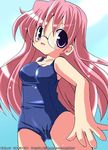  1girl bespectacled blush breasts cleavage female glasses gradient gradient_background lucky_star pink_hair solo swimsuit takara_miyuki 