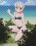  against_fence ahoge beach bikini blue_eyes blush chain-link_fence cloud day ezomori_nozomu fence flat_chest kanokon no_nose outdoors screencap short_hair silver_hair sky solo swimsuit water 