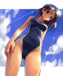  bare_shoulders black_hair blue_eyes cloud competition_swimsuit cowboy_shot day dutch_angle from_below highleg highleg_swimsuit katahira_masashi looking_down nail_polish one-piece_swimsuit original outdoors pink_nails school_swimsuit short_hair single_vertical_stripe sky smile solo swimsuit 