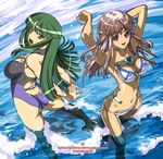  ariel_org ass bikini breasts cleavage green_hair hair_ornament large_breasts multiple_girls nakabayashi_reimei ocean one-piece_swimsuit ouka_nagisa pink_hair purple_eyes real_robot_regiment sengekimaru super_robot_wars super_robot_wars_original_generation swimsuit water yellow_eyes 
