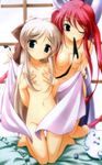  bed breasts copyright_request flat_chest fujiwara_warawara long_hair medium_breasts mouth_hold multiple_girls nipples nude one_eye_closed red_hair silver_hair small_breasts topless white_hair 