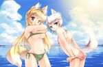  :p animal_ears ass bikini bikini_pull binzoko_megane_(san-inch) blonde_hair blue_eyes breasts day ezomori_nozomu fox_ears kanokon medium_breasts minamoto_chizuru multiple_girls ocean red_eyes side-tie_bikini silver_hair small_breasts swimsuit tail tongue tongue_out underboob undressing untied untied_bikini water wolf_ears 