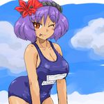  ;p breasts cleavage forked_tongue hair_ornament large_breasts leaf_hair_ornament non-web_source one-piece_swimsuit one_eye_closed purple_hair red_eyes school_swimsuit slit_pupils solo swimsuit tongue tongue_out touhou yasaka_kanako 