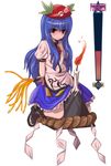  bdsm blue_hair bondage bound candle food fruit hat hinanawi_tenshi long_hair peach rope shide shimenawa solo tears tori_rui touhou wooden_horse 