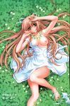  barefoot blush breasts brown_hair carnelian clover clover_(flower) copyright_request dress flower four-leaf_clover green_eyes hair_ribbon highres large_breasts long_hair nipple_slip nipples ribbon solo 