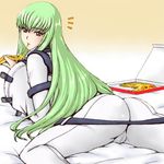  ass bangs bed bodysuit c.c. cameltoe code_geass food green_hair holding_pizza inomaru long_hair looking_back lowres pizza solo surprised white_bodysuit 