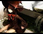  bad_id bad_pixiv_id bow bowtie brown_hair cravat dress eyepatch gatling_gun gun hat huge_weapon knees letterboxed original red_eyes riku_(wana) short_hair sitting skull smile smoke solo thighs twintails weapon witch witch_hat 