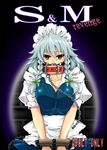  ball_gag bdsm bondage bound braid collar gag gagged highres izayoi_sakuya maid short_hair silver_hair solo stocks tajima_yuuki touhou twin_braids 