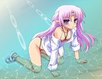  all_fours bikini bikini_under_clothes copyright_request facial_mark flat_chest forehead_mark long_hair off_shoulder open_clothes open_shirt partially_submerged pink_hair pointy_ears purple_eyes sandals shirt solo sunlight swimsuit swimsuit_under_clothes uraichishi water 