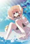  bad_id bad_pixiv_id bike_shorts blue_eyes cloud copyright_request cpu_(hexivision) day feet hat pink_hair sandals short_hair sky smile solo straw_hat toes water wind 