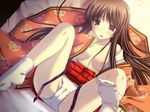  blush breasts brown_eyes brown_hair cameltoe game_cg hoshitsuguyo japanese_clothes lying medium_breasts nami_(hoshitsuguyo) nipples panties shikato_miyo skirt skirt_lift socks solo spread_legs underwear 