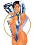  :o armpits arms_behind_head arms_up black_hair breasts bun_cover chun-li cleavage covered_nipples curvy double_bun elbow_gloves gloves grey_eyes homare_(fool's_art) large_breasts looking_at_viewer one-piece_swimsuit open_mouth pose ribbon shadow shiny shiny_clothes sideboob slingshot_swimsuit solo standing street_fighter swimsuit tan turtleneck wet 