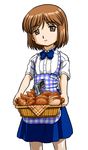  apron bandabekken basket bob_cut bow bowtie bread brown_eyes brown_hair food gun gunslinger_girl handgun henrietta_(gunslinger_girl) koubeya_uniform plaid plaid_apron short_hair skirt solo waitress weapon 