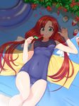  beach_towel breasts can coca-cola covered_navel food from_above gin_(ginshari) green_eyes innertube long_hair looking_at_viewer lying on_back one-piece_swimsuit original popsicle red_hair school_swimsuit shade small_breasts soda_can solo swimsuit towel twintails watermelon_bar 