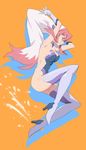  armpits bare_back birdy_cephon_altirra blue_leotard collarbone from_side leotard long_hair maruto! multicolored_hair orange_background red_hair simple_background solo tetsuwan_birdy tetsuwan_birdy_decode thighhighs two-tone_hair very_long_hair white_hair white_legwear 