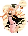  bad_id bad_pixiv_id bow cape copyright_request flat_chest green_eyes hat jack-o'-lantern lace long_hair midriff orange_hair panties pumpkin solo tensugi_takashi underwear wand witch wizard_hat 