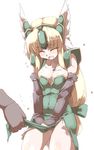  blonde_hair blush bow breasts cleavage closed_eyes covering covering_crotch elbow_gloves gloves hair_bow helm helmet jewelry large_breasts long_hair low-tied_long_hair necklace open_mouth riesz seiken_densetsu seiken_densetsu_3 skirt skirt_pull solo tears tokyo_(great_akuta) 
